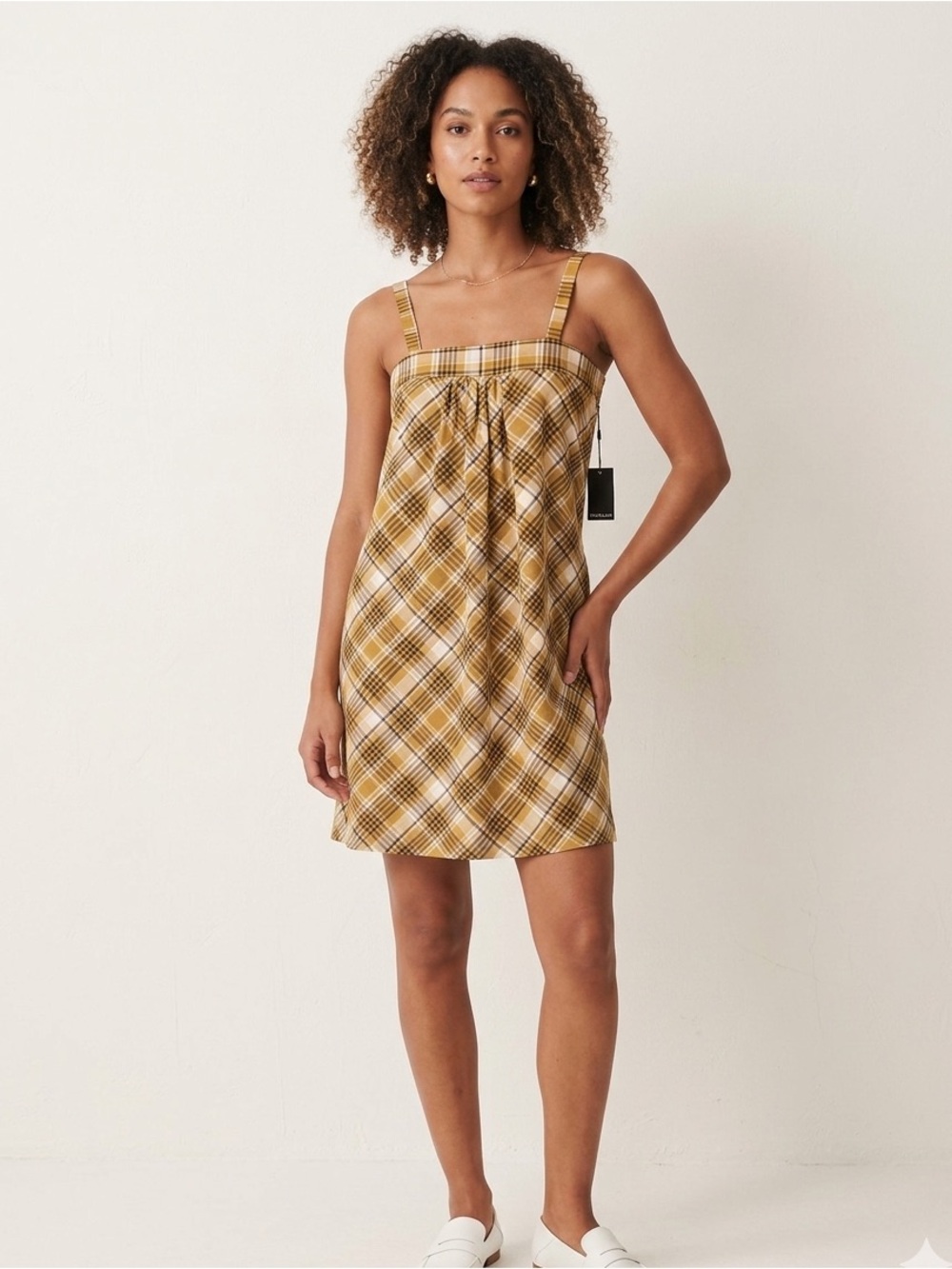 Rodebjer Plaid Square-Neck Midi Dress in Mustard Plaid small